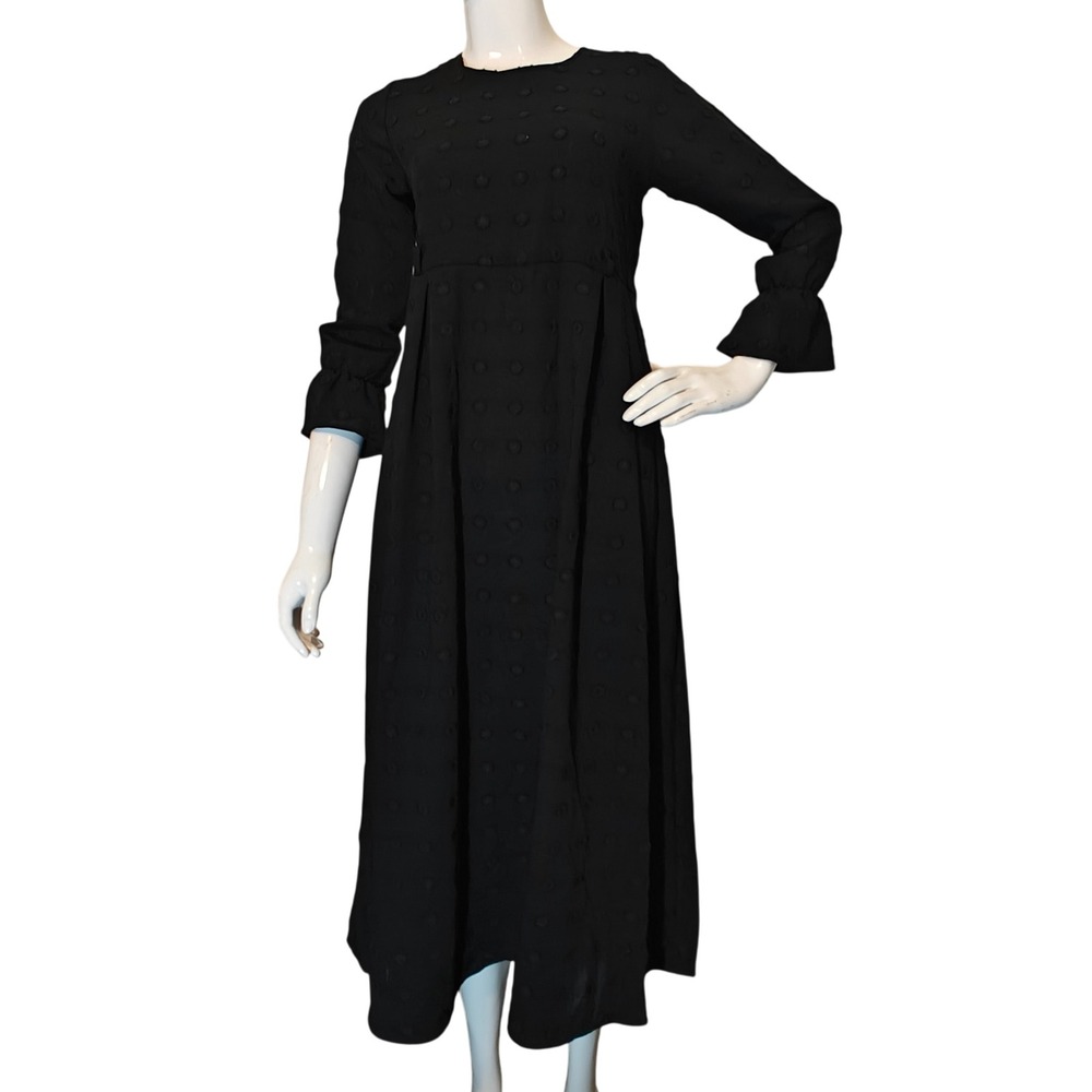 Esmagül Black Swiss Dot Ruffle Cuff Midi Dress Girls Size 14 Modest Pleated